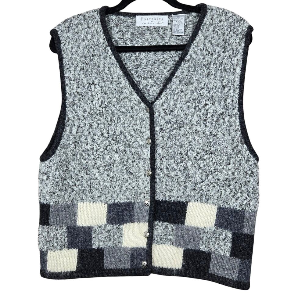 Vtg Portraits Northern Isles Sweater Vest Womens Large Wool‎ Colorblock Graphite